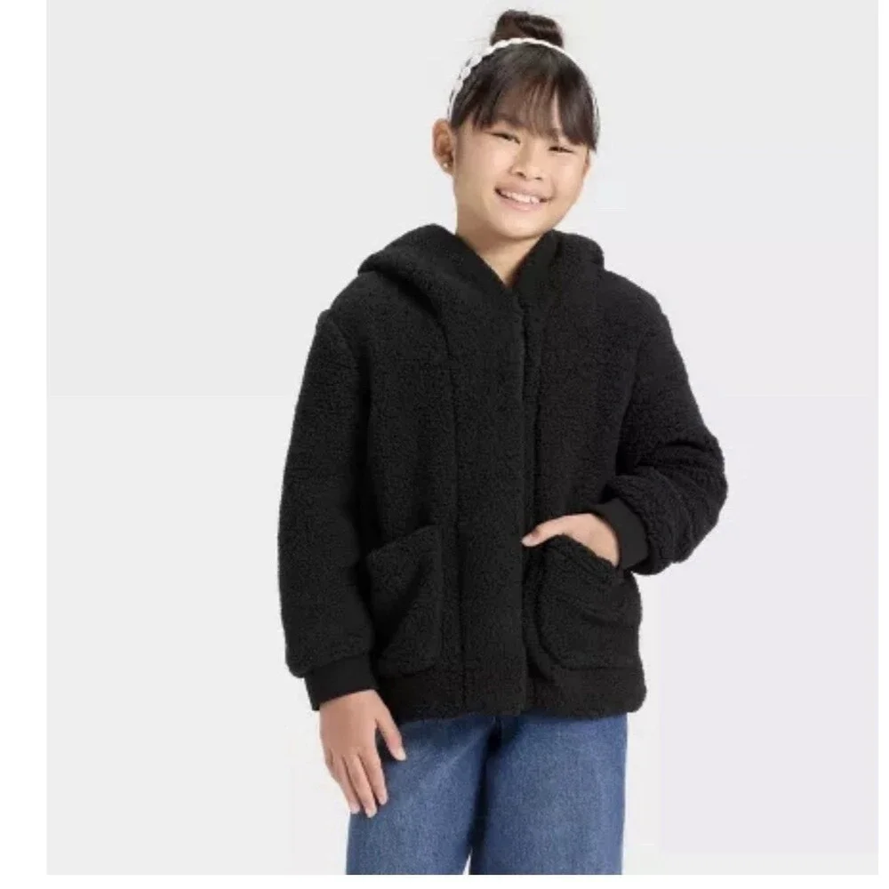 Girls' Faux Shearling Jacket Cat & Jack Black size M jacket coat hooded cozy top